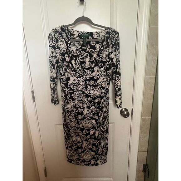 Ralph Lauren Stretchy Black White Floral Midi Dress 12 Romantic Wedding guest - Picture 1 of 10